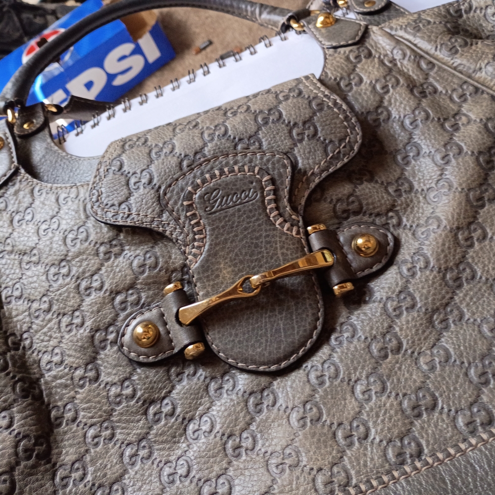 Gucci Gray Leather Shoulder Bag with Gold Accents